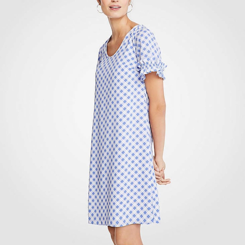 Ann Taylor Blue Gingham Ruffle Sleeve Shift Dress